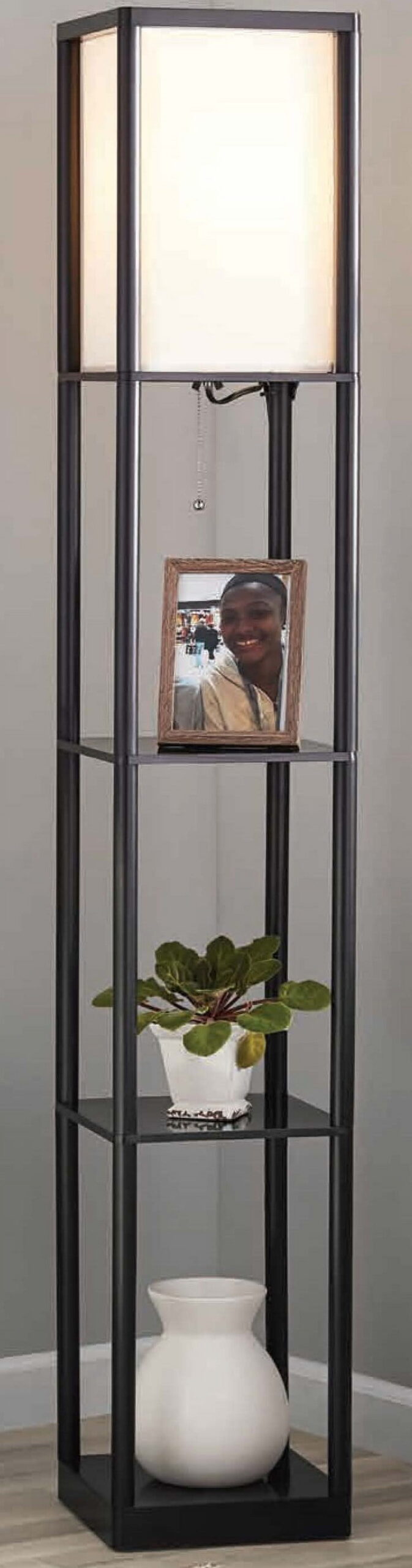 Mainstays 62" Plastic Black Shelf Floor Lamp, Sustainable White Fabric Shade ,Modern Design, New Condition, Adult and Dorm Room Use - Image 5