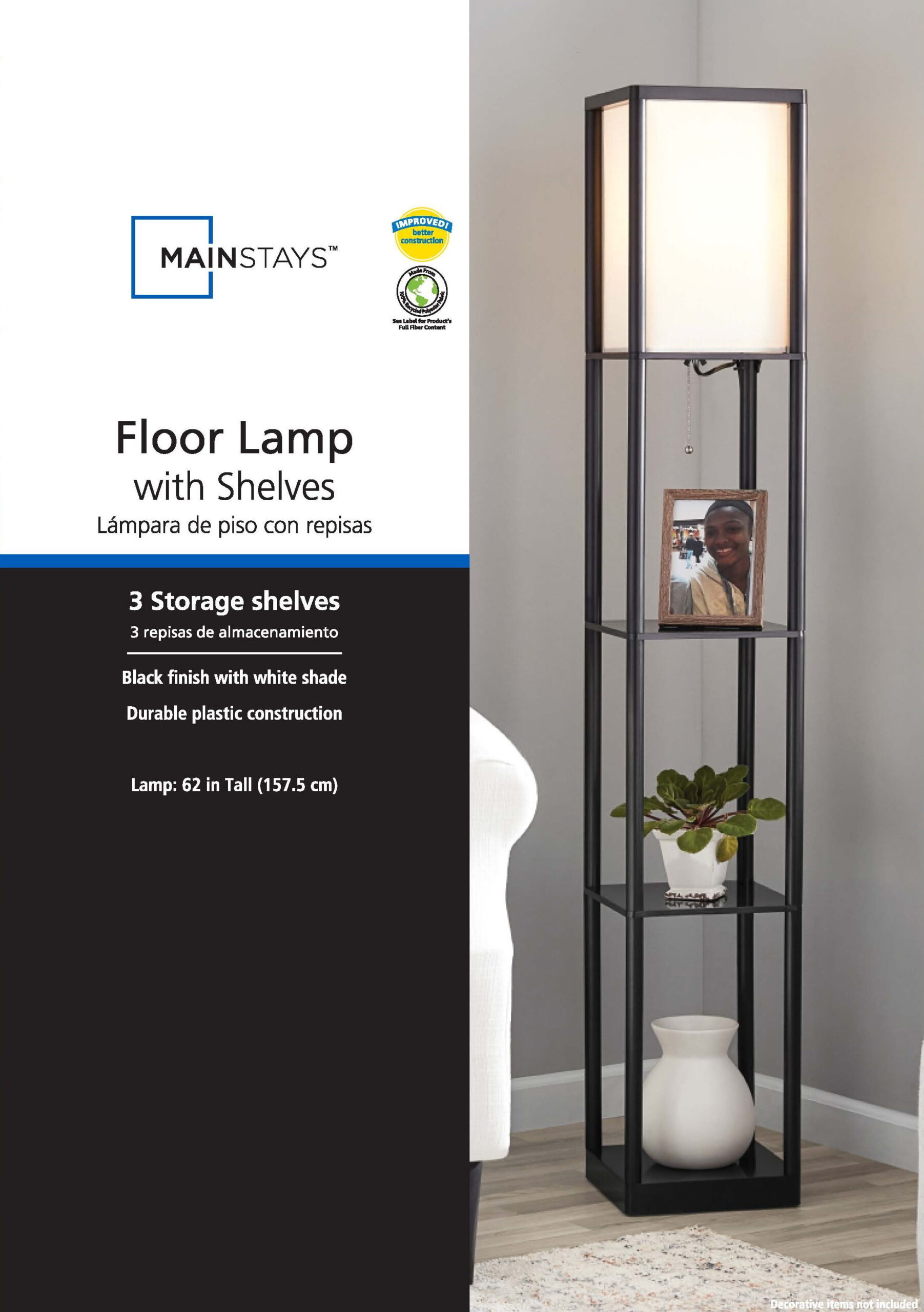 Mainstays 62" Plastic Black Shelf Floor Lamp, Sustainable White Fabric Shade ,Modern Design, New Condition, Adult and Dorm Room Use - Image 6