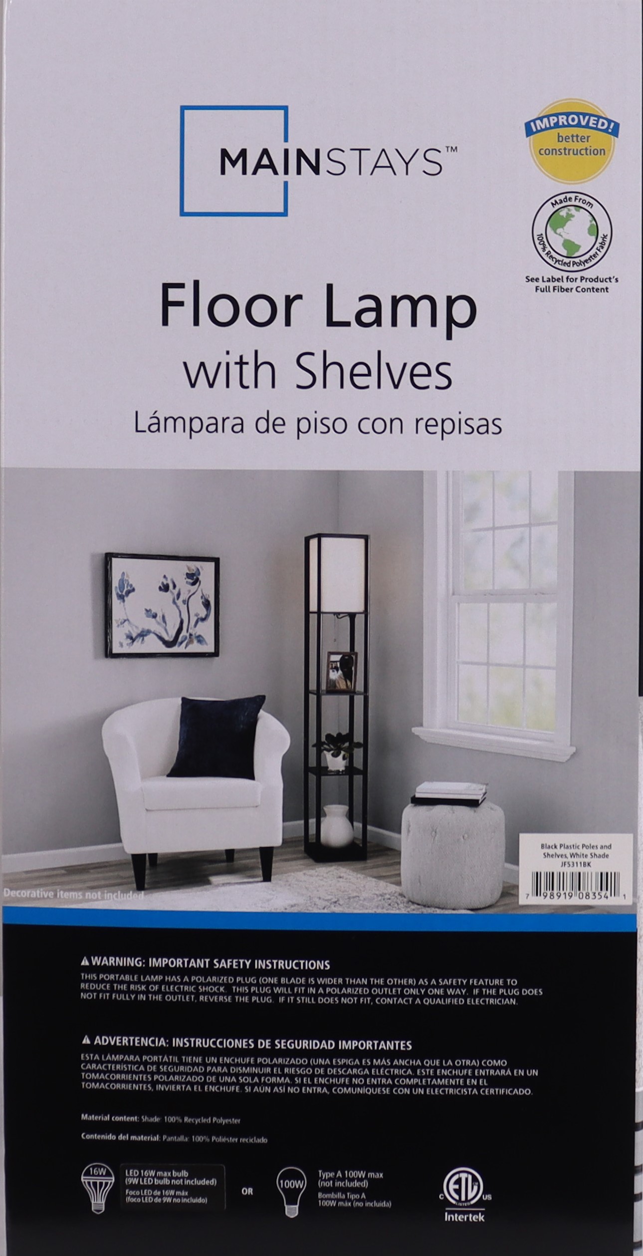 Mainstays 62" Plastic Black Shelf Floor Lamp, Sustainable White Fabric Shade ,Modern Design, New Condition, Adult and Dorm Room Use - Image 7