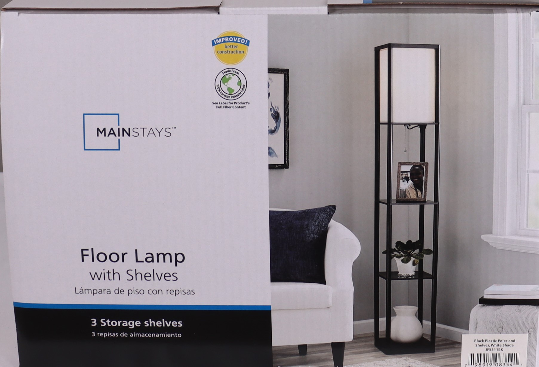 Mainstays 62" Plastic Black Shelf Floor Lamp, Sustainable White Fabric Shade ,Modern Design, New Condition, Adult and Dorm Room Use - Image 8