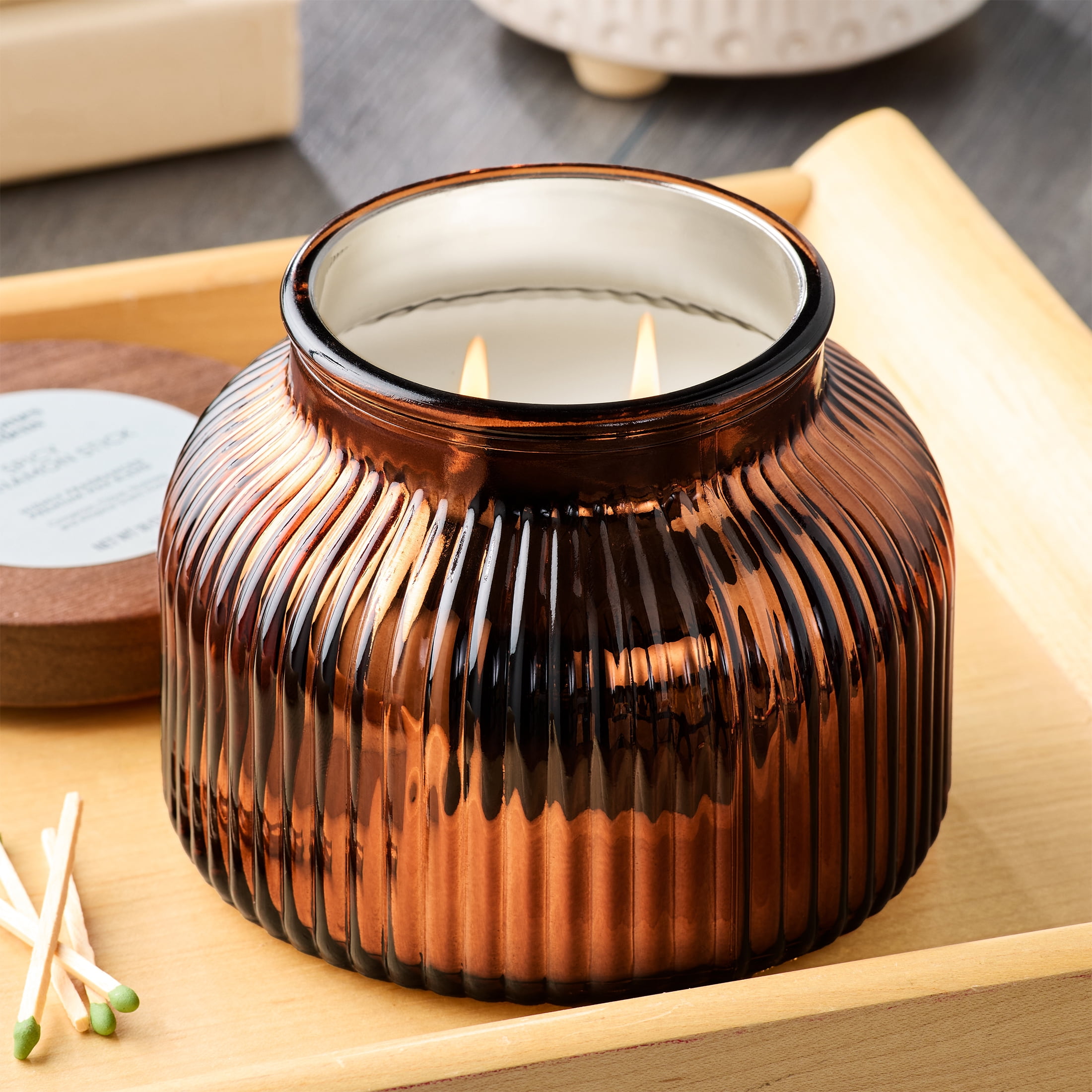 Better Homes & Gardens Farm Apple Pumpkin Scented Cotton 2-Wicks Ribbed Mecury Glass Jar Candle with Wooden Lid 18oz - Image 4