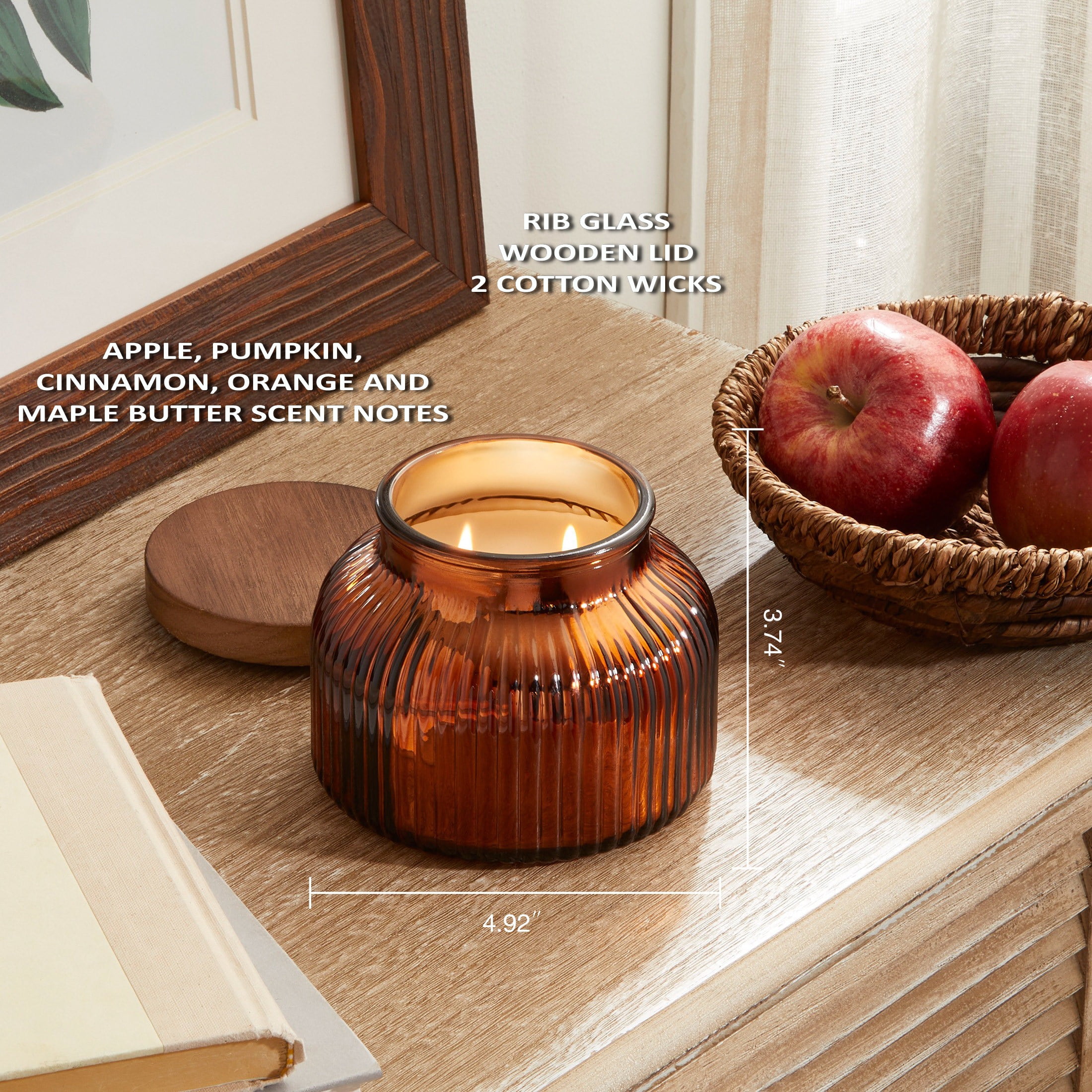 Better Homes & Gardens Farm Apple Pumpkin Scented Cotton 2-Wicks Ribbed Mecury Glass Jar Candle with Wooden Lid 18oz - Image 5