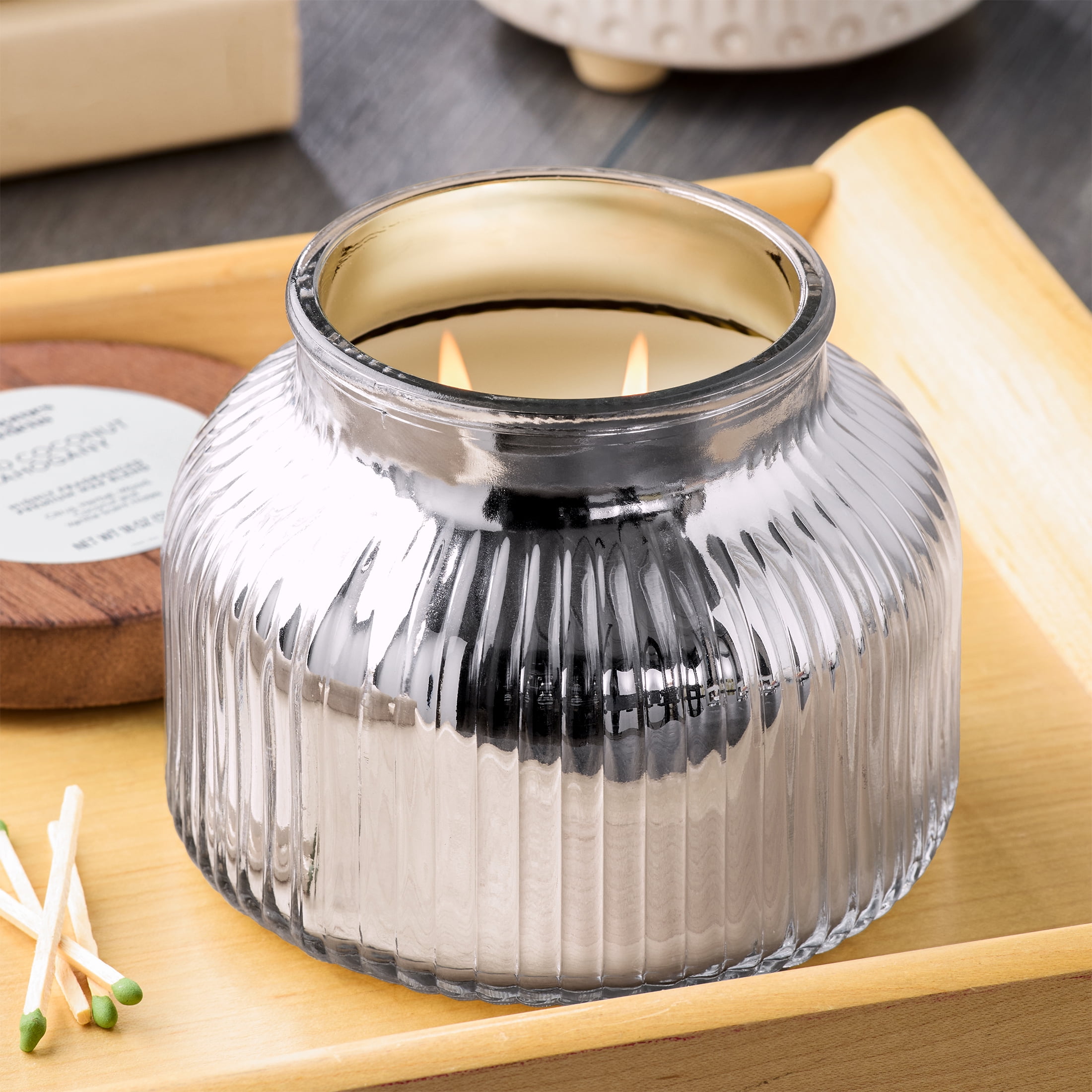 Better Homes & Gardens Farm Apple Pumpkin Scented Cotton 2-Wicks Ribbed Mecury Glass Jar Candle with Wooden Lid 18oz - Image 11