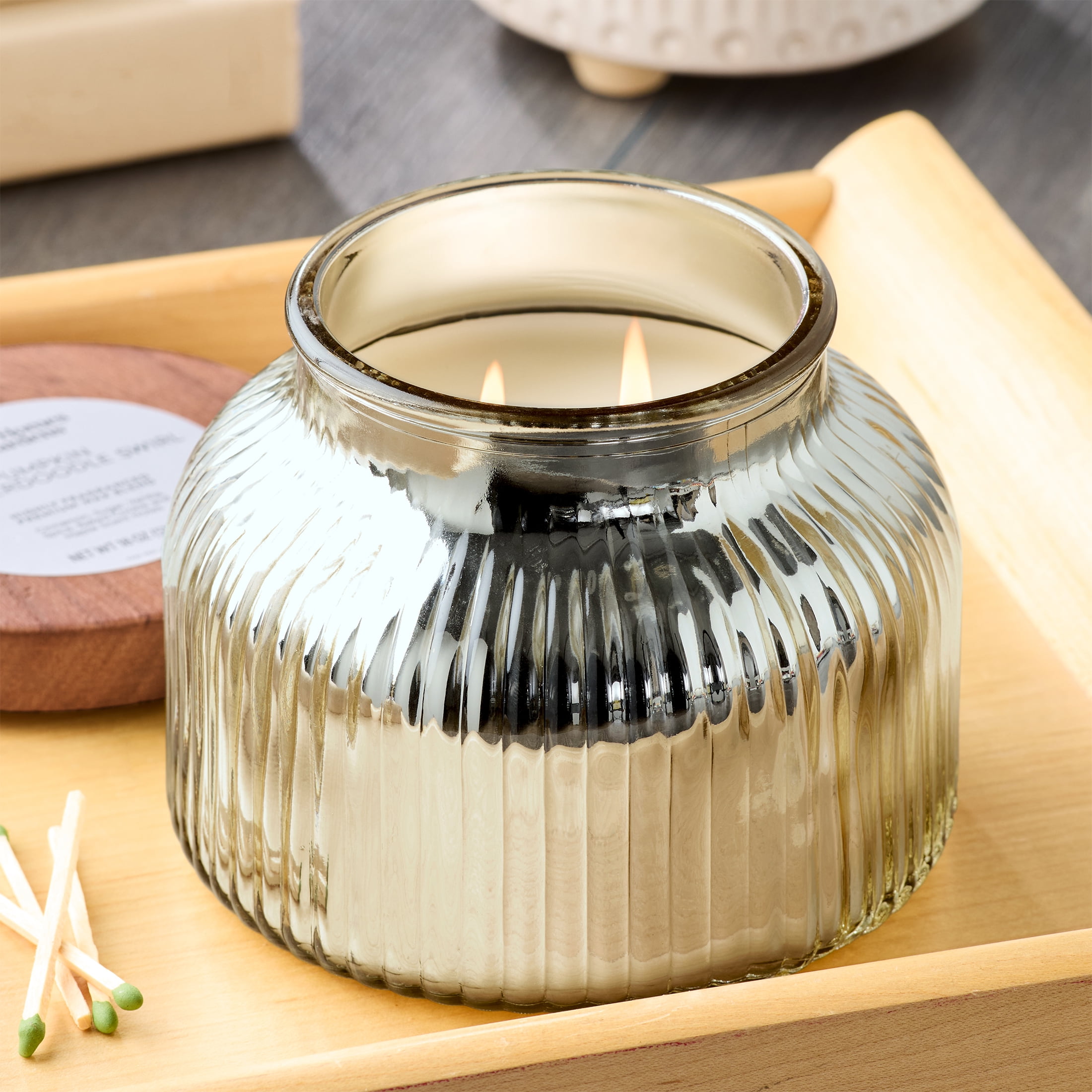 Better Homes & Gardens Farm Apple Pumpkin Scented Cotton 2-Wicks Ribbed Mecury Glass Jar Candle with Wooden Lid 18oz - Image 16