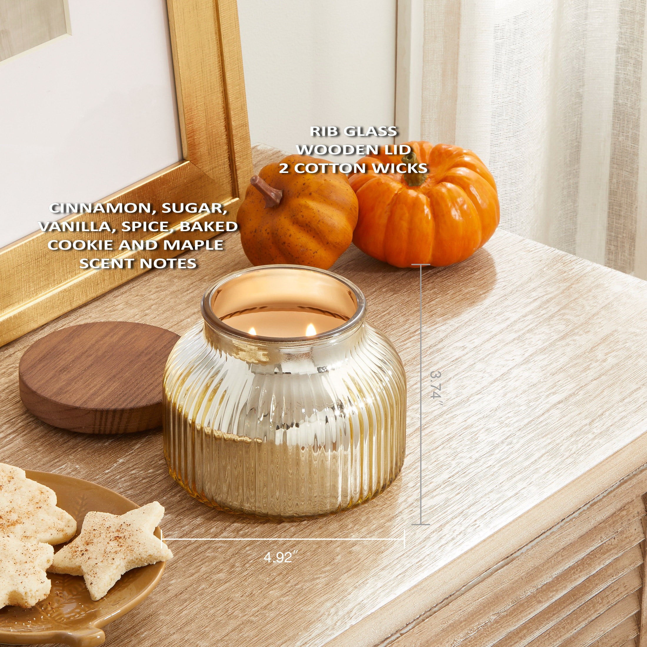 Better Homes & Gardens Farm Apple Pumpkin Scented Cotton 2-Wicks Ribbed Mecury Glass Jar Candle with Wooden Lid 18oz - Image 17