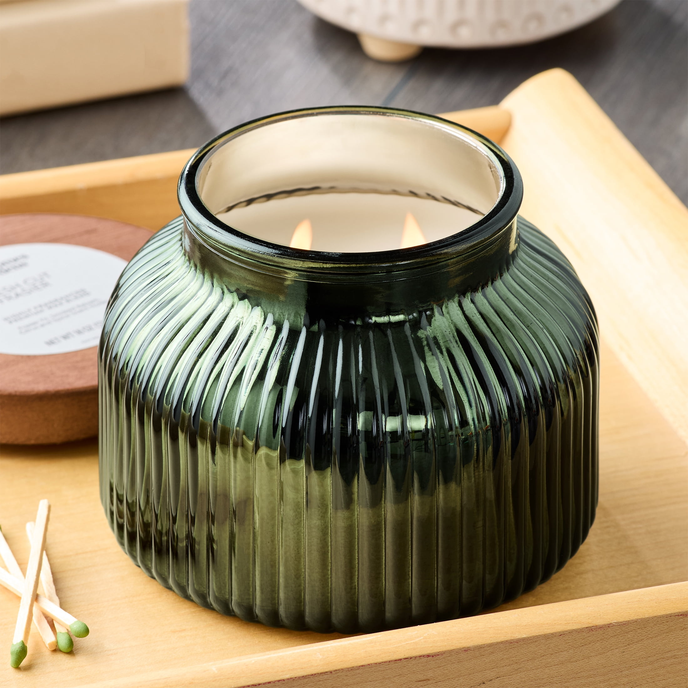 Better Homes & Gardens Farm Apple Pumpkin Scented Cotton 2-Wicks Ribbed Mecury Glass Jar Candle with Wooden Lid 18oz - Image 21