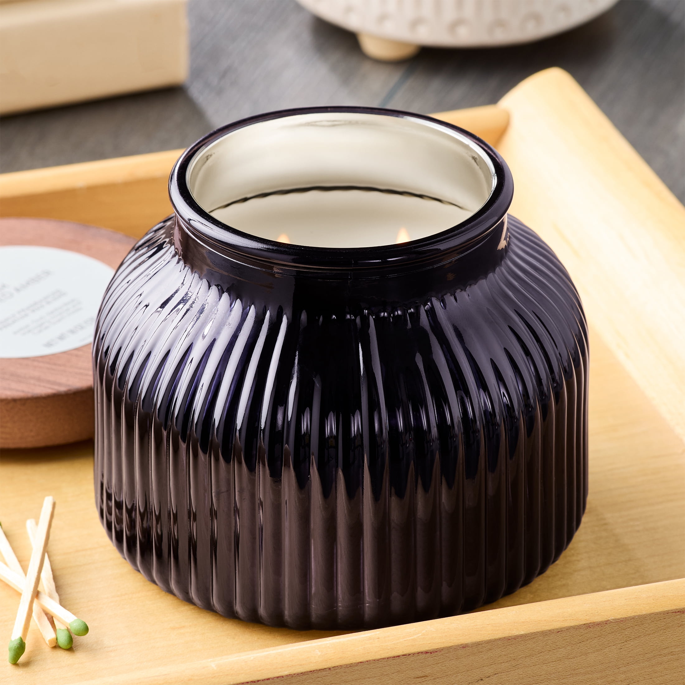 Better Homes & Gardens Farm Apple Pumpkin Scented Cotton 2-Wicks Ribbed Mecury Glass Jar Candle with Wooden Lid 18oz - Image 26