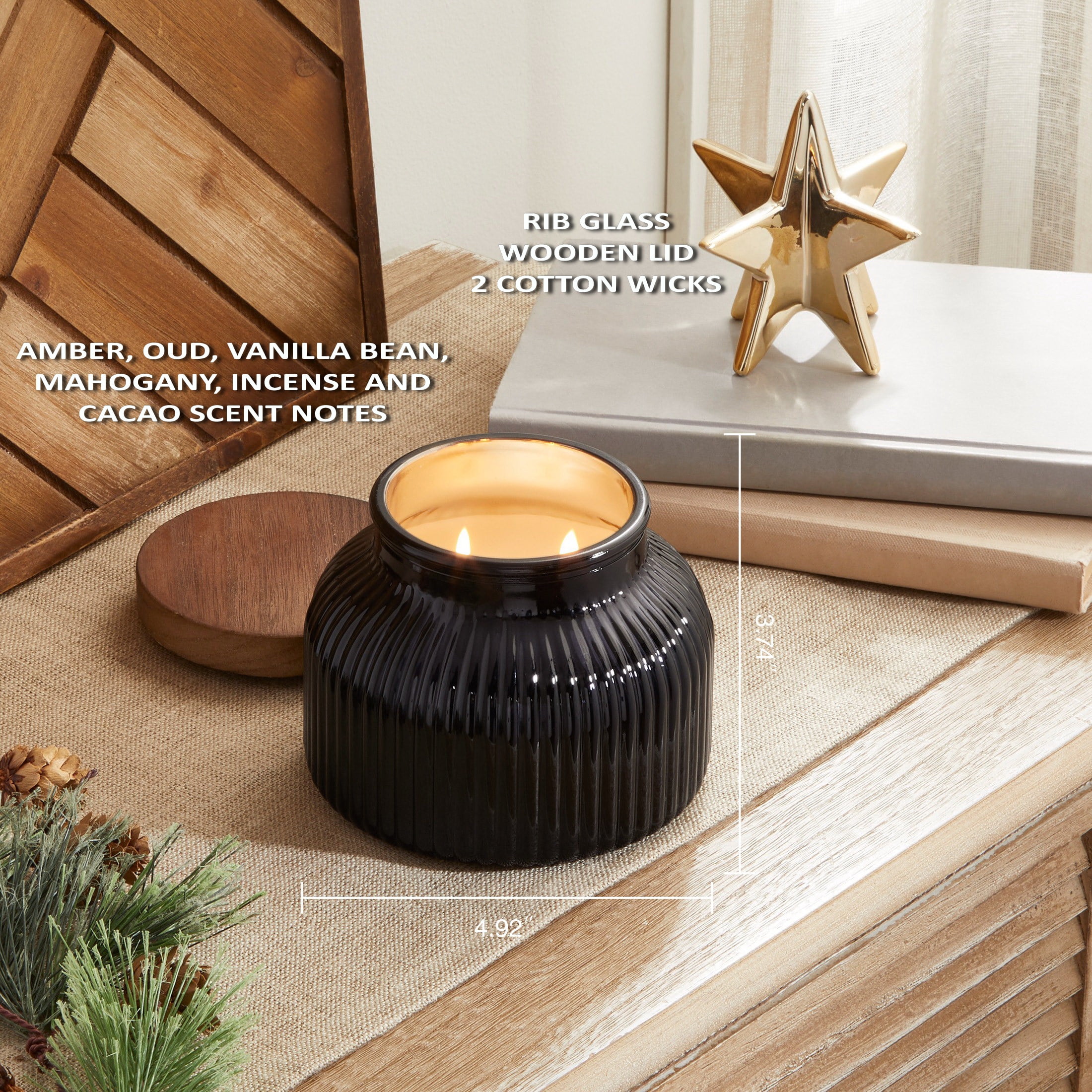 Better Homes & Gardens Farm Apple Pumpkin Scented Cotton 2-Wicks Ribbed Mecury Glass Jar Candle with Wooden Lid 18oz - Image 27